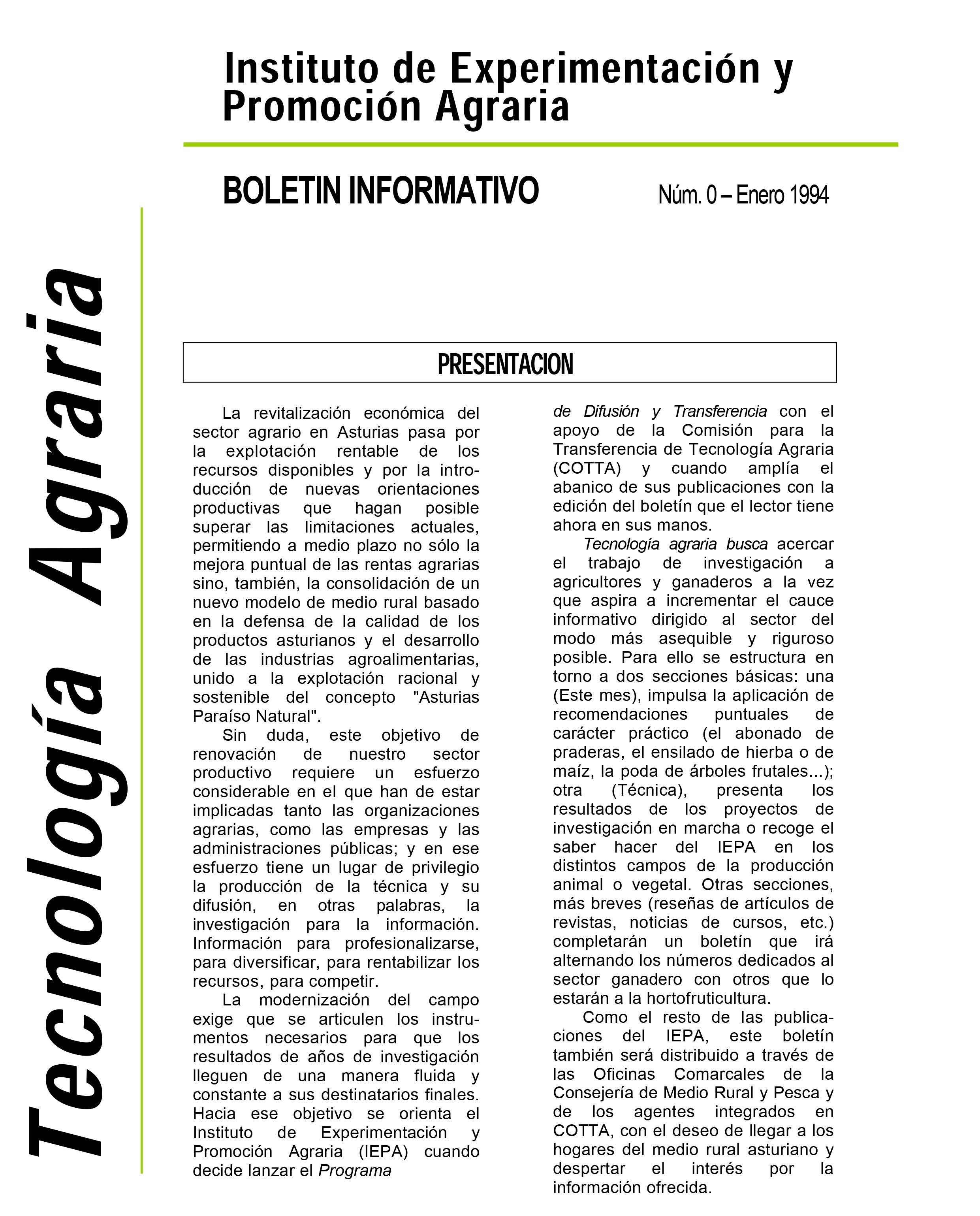 Primer número del Boletín informativo del SERIDA.