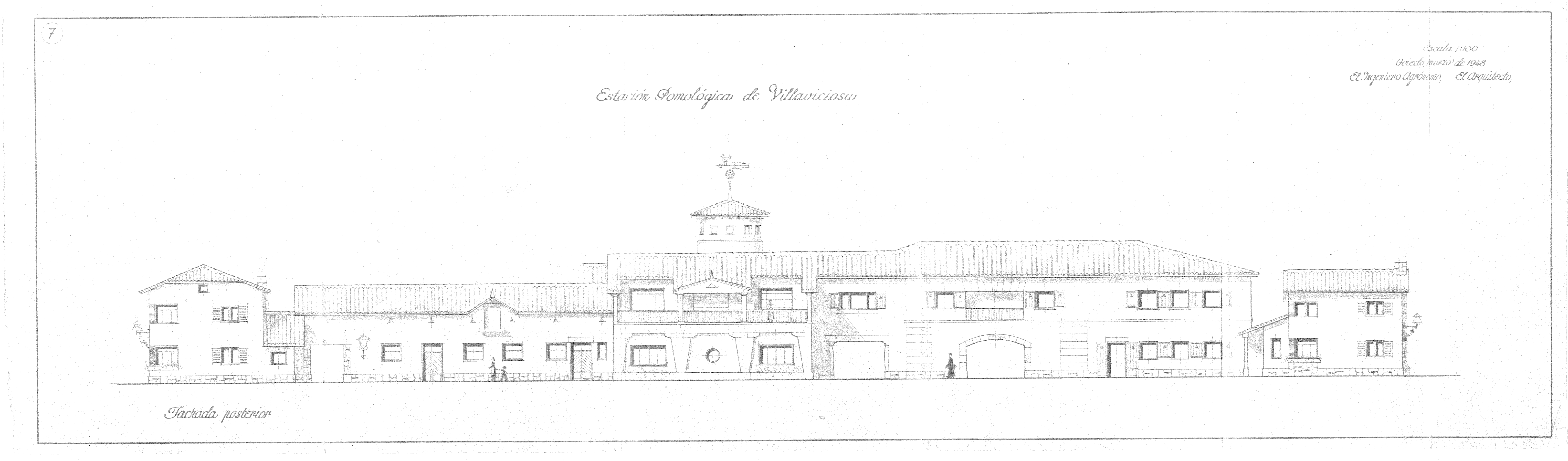 Plano en blanco y negro de la fachada de la Estación Pomológica de Villaviciosa, 1948.